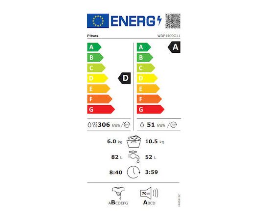 Pitsos WDP1400G11 Πλυντήριο-Στεγνωτήριο Ρούχων 10.5kg/6kg Ατμού 1400 Στροφές | Εμπρόσθιας Φόρτωσης στο Togias-Home.gr